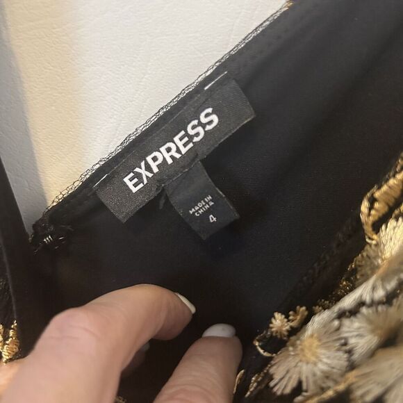 Express Dress Womens 4 Black Gold Floral Embroidered romantic fairy Cocktail - Picture 13 of 15